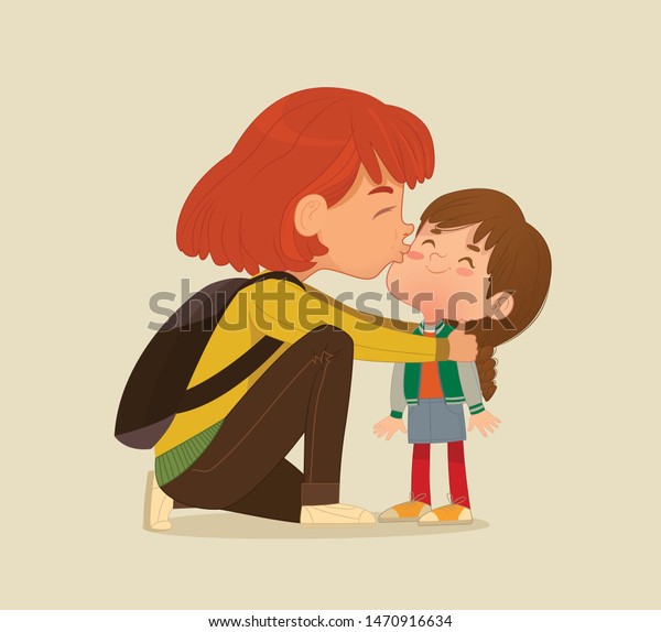 母親が娘にさよならのキスをする様子を描いたイラスト ムームは学校のドアで子どもにキス をする 幼稚園の女の子がモンテソリ学校のお母さんによろしくと言ってる ベクターイラスト 分離型 のベクター画像素材 ロイヤリティフリー