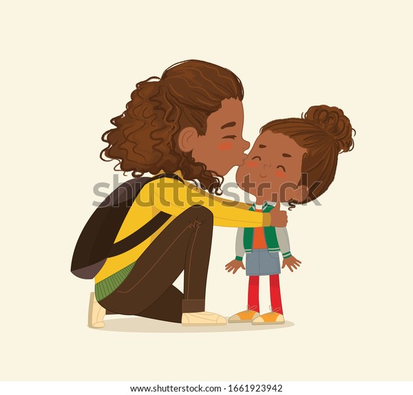 母親が娘にさよならのキスをする様子を描いたイラスト アフリカ系アメリカ人のムームさんが 学校のドアで子どもにキス をします 幼稚園の女の子がモンテソリ学校のお母さんによろしくと言ってる ベクター画像 のベクター画像素材 ロイヤリティフリー