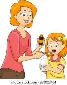 Illustration of a Mother Giving Her Daughter a Spoonful of Vitamins