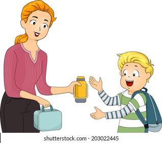 Illustration of a Mother Giving Her Son His Packed Lunch