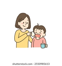 Ilustração de mãe dando remédio à criança