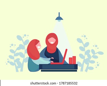 illustration of a mother guiding her child to study, doing homework, muslim child study with her mother