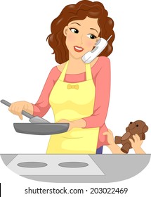 Illustration of a Mother Handling Multiple Tasks at the Same Time