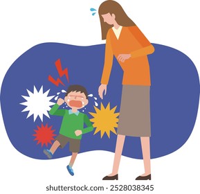 Illustration of a mother having trouble with a child who is throwing a tantrum