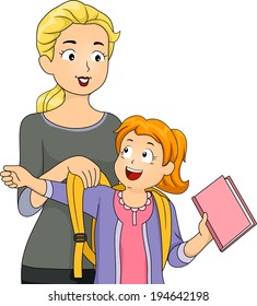 Illustration of a Mother Helping Her Daughter Put on Her Schoolbag