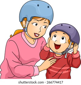 Illustration of a Mother Helping Her Little Son to Put on His Helmet