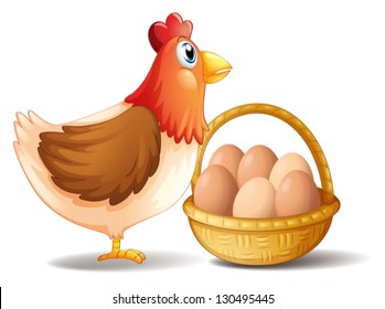 Illustration of the mother hen and a basket of eggs on a white background