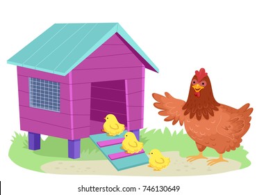 Illustration of a Mother Hen Guiding Her Chicks Inside the Chicken Coop