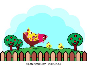 Illustration of mother hen with two cute chicken-Vector illustration 
