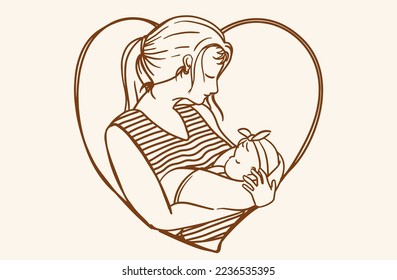 illustration of a mother with her baby in heart shape line art. mother and baby care, pregnancy and maternity. mother's day