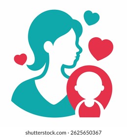 Ilustração de Mãe com seu bebê, silhueta, dia das mães, ícone de cuidado de bebê em um fundo branco.