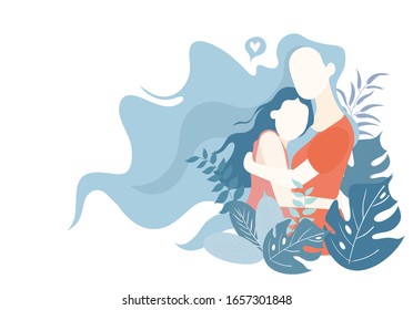 Illustration of Mother with Her Child with leafs on White Background for Happy Mothers Day Celebration  