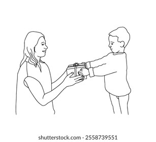 illustration of a mother and her child sharing gifts on Christmas day, made by hand using a line art drawing process in black and white