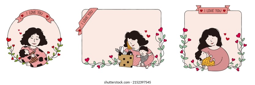 Illustration of mother with her cute baby in frame. Elegant greeting card design for Happy Mother's Day.
