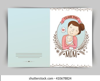 Illustration of a mother with her cute baby in frame. Elegant greeting card design for Happy Mother's Day celebration.