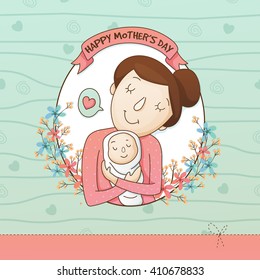 Illustration of a mother with her cute baby on flowers decorated background. Elegant greeting card design for Happy Mother's Day celebration.