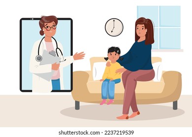 Illustration of the mother with her daughter having online consultation with a doctor. Health care, online consultation, telemedicine, paediatrician  concept illustration.
