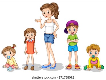 Illustration of a mother with her four kids on a white background