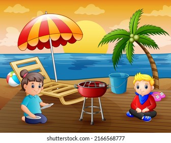 Illustration of a mother and her kid BBQ on the beach in summer