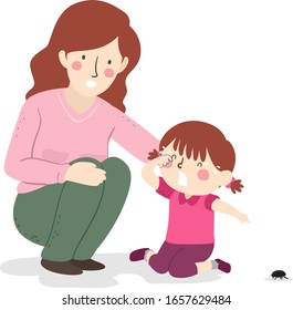 Illustration of a Mother and Her Kid Girl Crying and Pointing to Beetle Walking Because of Fear of Insects