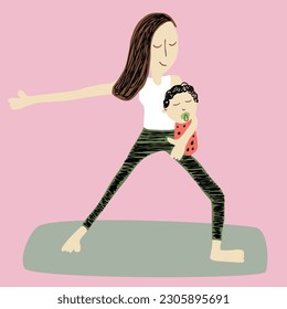 Illustration of a mother holding a baby doing a yoga warrior II pose