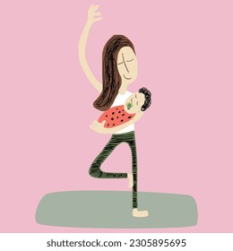 Ilustración de una madre sosteniendo a un bebé haciendo una pose de yoga