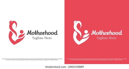 Illustration of a mother holding a baby logo design. Silhouette of mother carrying child affection love feminine care help support emotional happy feeling. Abstract people minimal simple icon symbol.