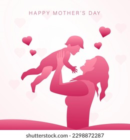 illustration of mother holding child with pink color, happy mother's day banner