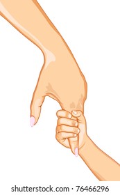 illustration of mother holding hand of child on isolated background