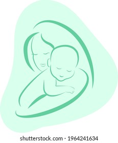 An illustration of a mother holding her baby. Icon and logo illustration