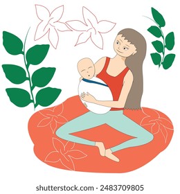 Illustration with a mother holding to her baby; new mother and her newborn child