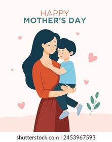 Illustration of Mother Holding her son. Mother's Day concept. Mother and Son. Mother hugging her son. Vector illustration.