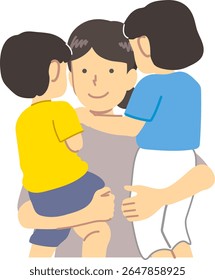 Illustration of a mother holding two children