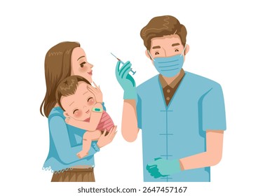 Ilustração de mãe segurando bebê vacinado e médico segura uma seringa
