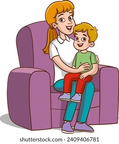 Illustration of a Mother Hugging Her Son While Sitting on a Couch