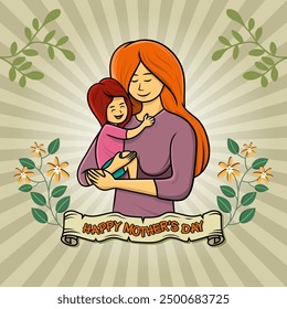 An illustration of a mother hugging her young child with tenderness and affection.