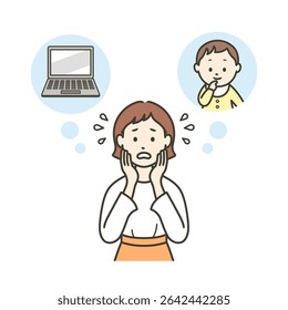 Ilustração de uma mãe apressada por causa do trabalho e da guarda de crianças