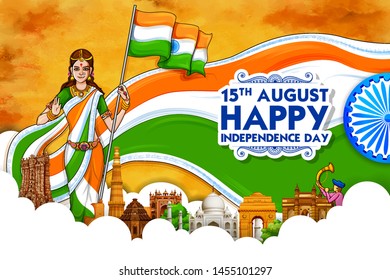 illustration of Mother India with Famous Indian monument and Landmark for Happy Independence Day of India