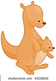 Illustration of a Mother Kangaroo with Her Baby on Her Pouch