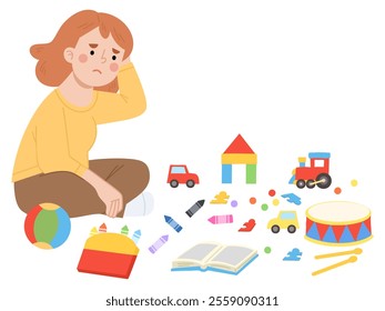 Illustration of mother looking at messy toys