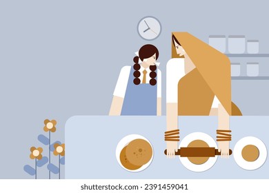 Illustration of a mother making Indian food 'Roti' along with her daughter