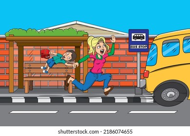 Illustration Of A Mother Missing The Bus To Take Her Son To School.