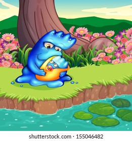 Illustration of a mother monster and her child at the riverbank