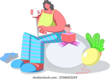 Illustration of a mother multitasking with a laptop and coffee while her child reads beside her, symbolizing remote work and parenting balance.