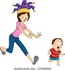 Illustration of a Mother Playfully Running After Her Son