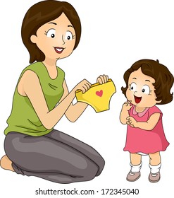 Illustration of a Mother Presenting Her Daughter New Panties in Place of Diapers