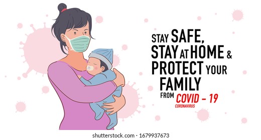 Illustration of mother protect her baby from corona virus, covid-19
