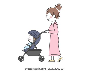 Illustration of a mother pushing a stroller.
