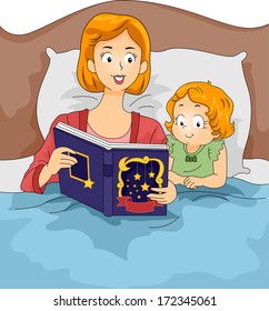 Illustration of a Mother Reading a Bedtime Story to Her Daughter 