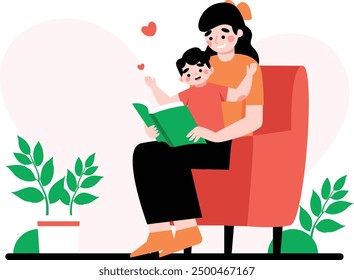 Illustration of a mother reading a book to her child. Vector illustration of a special Mother's Day event with family harmony and warmth. vector flat design